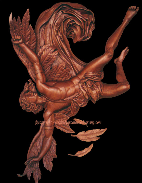 Icarus, Figurative Relief Carving, Mahogany, carving by Fred Zavadil ...