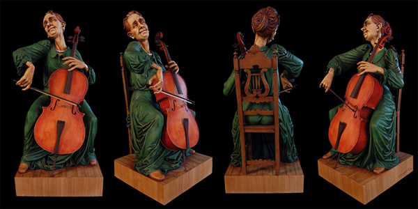Cellist, Caricature Carving, Fred Zavadil Woodcarving Cellist, carved sculpture of a cello player, caricature carving, caricatures by fred zavadil
