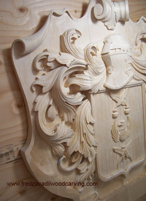 Family crest, hand carved from basswood, painted, and stained | Custom